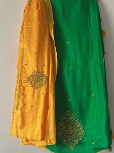 Vibrant Green &amp; Yellow Embroidered Saree