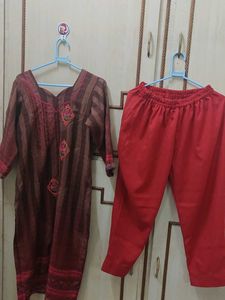 Ethnic Brown Striped Kurta with Red Pants