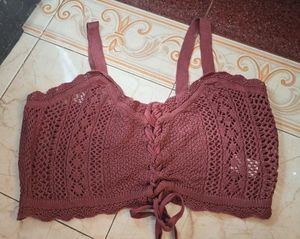 Maroon Cute Crocheted Lace-Up Crop Top