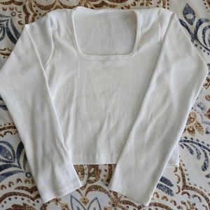 White Ribbed Square Neck Top