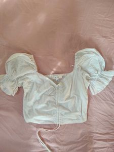 White Ruched Puff Sleeve Crop Top