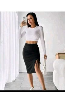 Black Ruched Side Slit Skirt