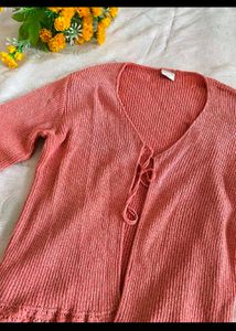 Coral Ribbed Tie-Front Cardigan