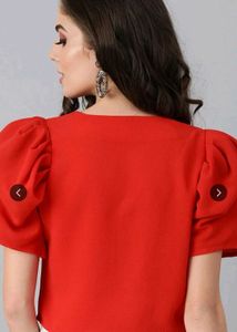 Chic Red Puff Sleeve Square Neck Top