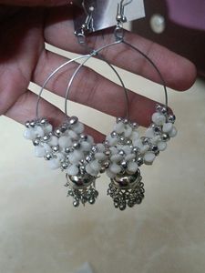 Chic Hoop Earrings with White &amp; Silver Beads