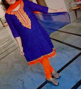 Blue Kurti Length 40 . orange Colour Churidaar Pyjama And  Cheffon Duppatta Colour