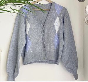 Grey Argyle Knit Cardigan