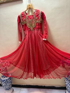 handwork Red Ethnic Gown with Embellishments