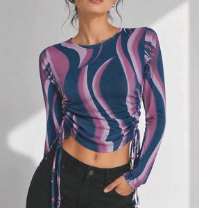 Sheer Mesh Ruched Long Sleeve Top
