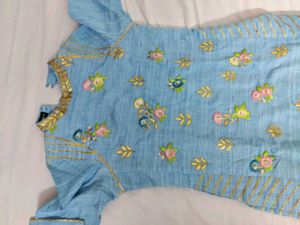 Sky Blue Embroidered Kurti And Skirt Set
