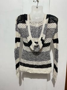 Striped Crochet Knit V-Neck Sweater