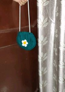 Crocheted Green Daisy Bag with Pearl Strap