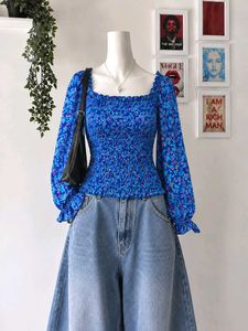 Blue Floral Smocked Square Neck Top