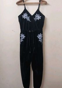 Black velvet Velour Embroidered Jumpsuit
