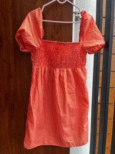 Orange Gingham Puff Sleeve Dress