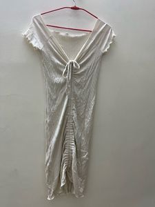 White Off-Shoulder Ruched Midi Dress
