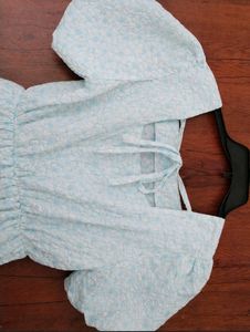 Light Blue Textured Puff Sleeve Dress