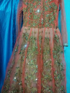 Floor Touch Gown in Peach colour with Mirror