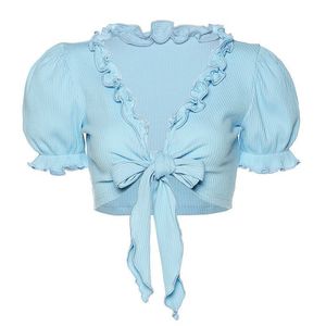 SHEIN Blue Ruffled Tie-Front Crop Top