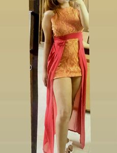 Elegant Orange Lace Dress with Red Overlay