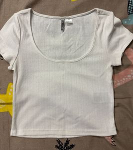 White Ribbed Design Cropped T-Shirt