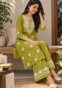 Lucknow Chikankari  Green Embroidered Kurta Set
