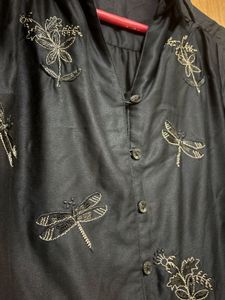 Elegant Black Blouse with Dragonfly Embroidery