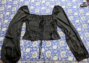 Forever 21 Black Smocked Peplum Blouse/ Crop Top