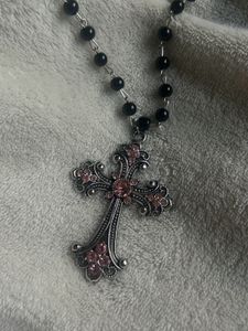 Gothic Cross Necklace with Pink Crystals