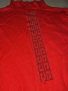 Red Mock Neck Top with Embellishment