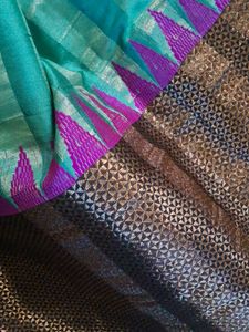 Teal &amp; Gold Striped Saree