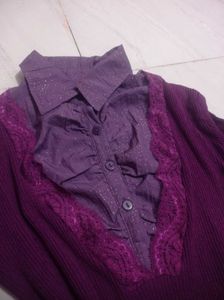 Chic Purple Knit Top with Embellished Collar