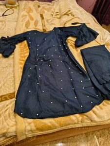 Navy Blue Kurta Set with Pearls