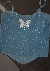 Sparkly Butterfly Denim Crop Top
