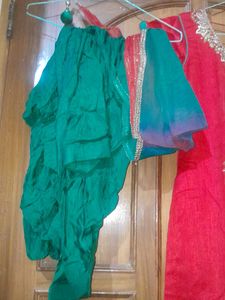 Embroidered Red Kurta Set with Green Bottom