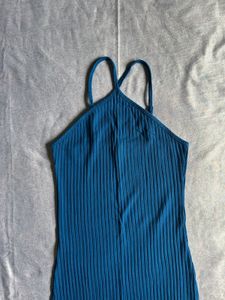 Ribbed Blue Halter Neck Dress