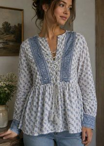ethnic Print Lace-Up Tunic Top