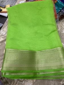 Lime Green Sari with Gold Border