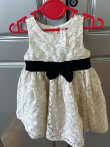 partywear Cream Lace Dress with Black Bow