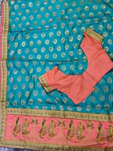 Beautiful Pink &amp; Teal Saree with Embroidery