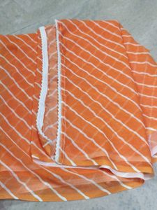 Orange Striped Dupatta with White Lace