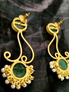 Green Stone &amp; Pearl Dangle Earrings