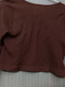 Brown Ribbed Long Sleeve Crop Top