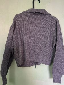 Gray Zip-Up Knit Sweater