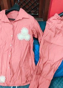 Peach Pajama Set with Lace Detail