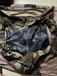 Camo &amp; Faux Leather Cropped Jacket