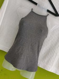 Gray Ribbed Halter Tank Top