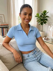 Style Union Powder Blue Ribbed Crop Polo Top