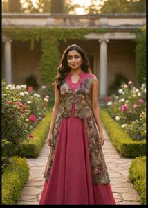 bust 40 Elegant Floral Print Jacket with Pink Gown