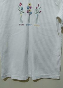 White Ribbed T-Shirt top with Floral Embroidery